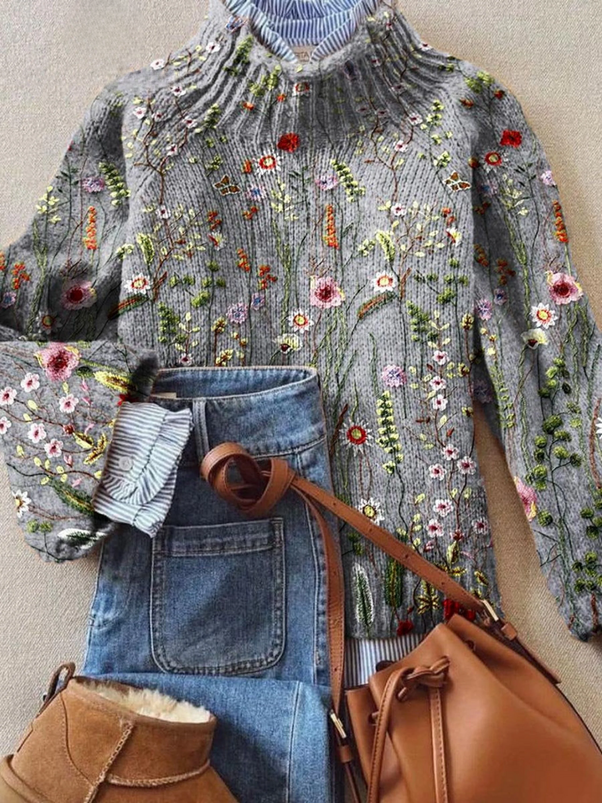 Ruœgy Pull Maille Côtelée Fleurie Femme
