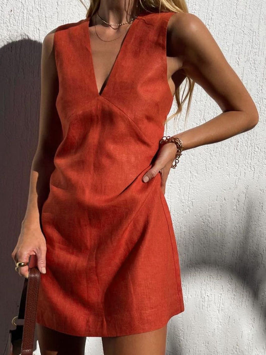 Ruœgy Robe Lin Col V Sans Manches Femme