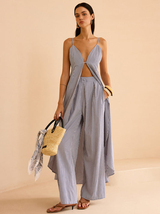 Ruœgy Striped Long Cami Top Wide-Leg Pants Set