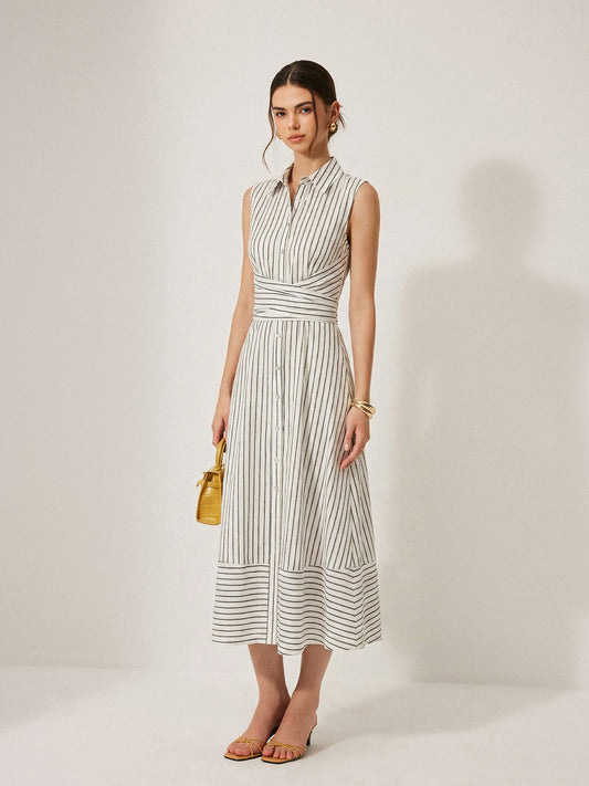 Ruœgy Robe Chemise Rayée Sans Manches Femme