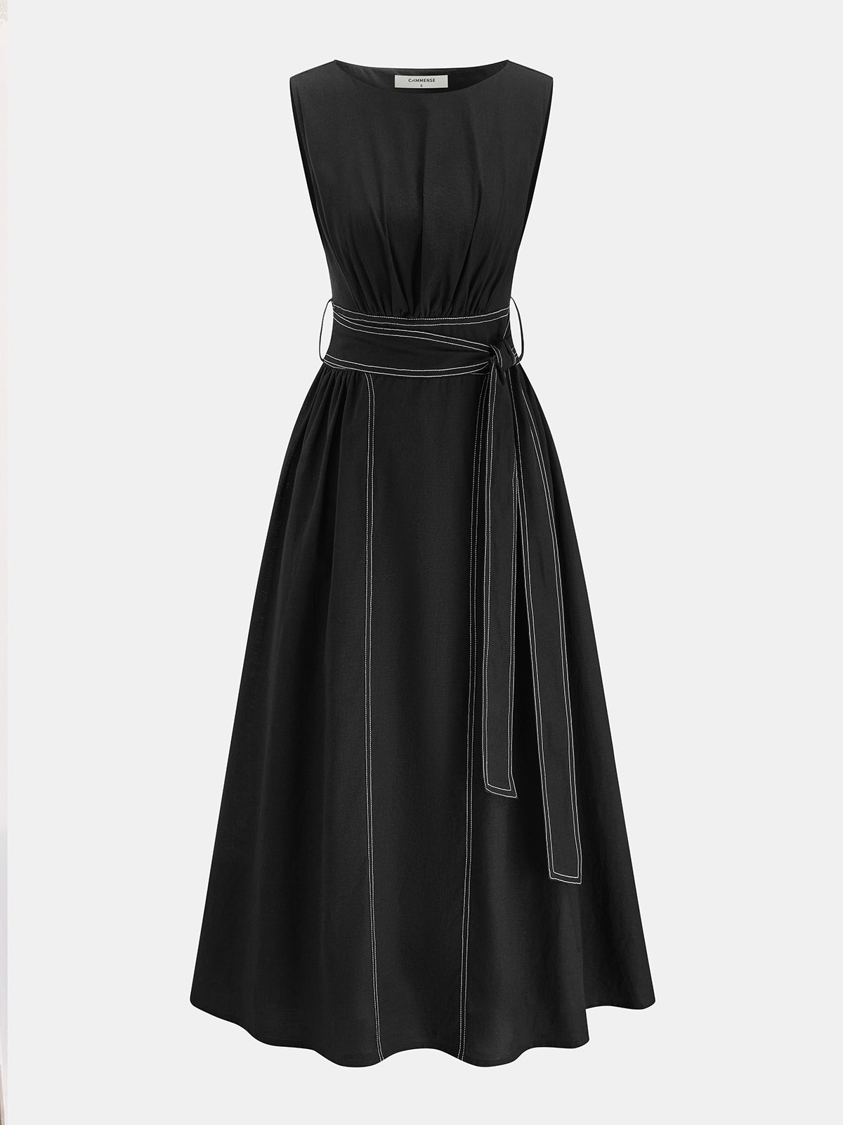 Ruœgy Robe Midi en Lin Ceinturée Sans Maches Femme