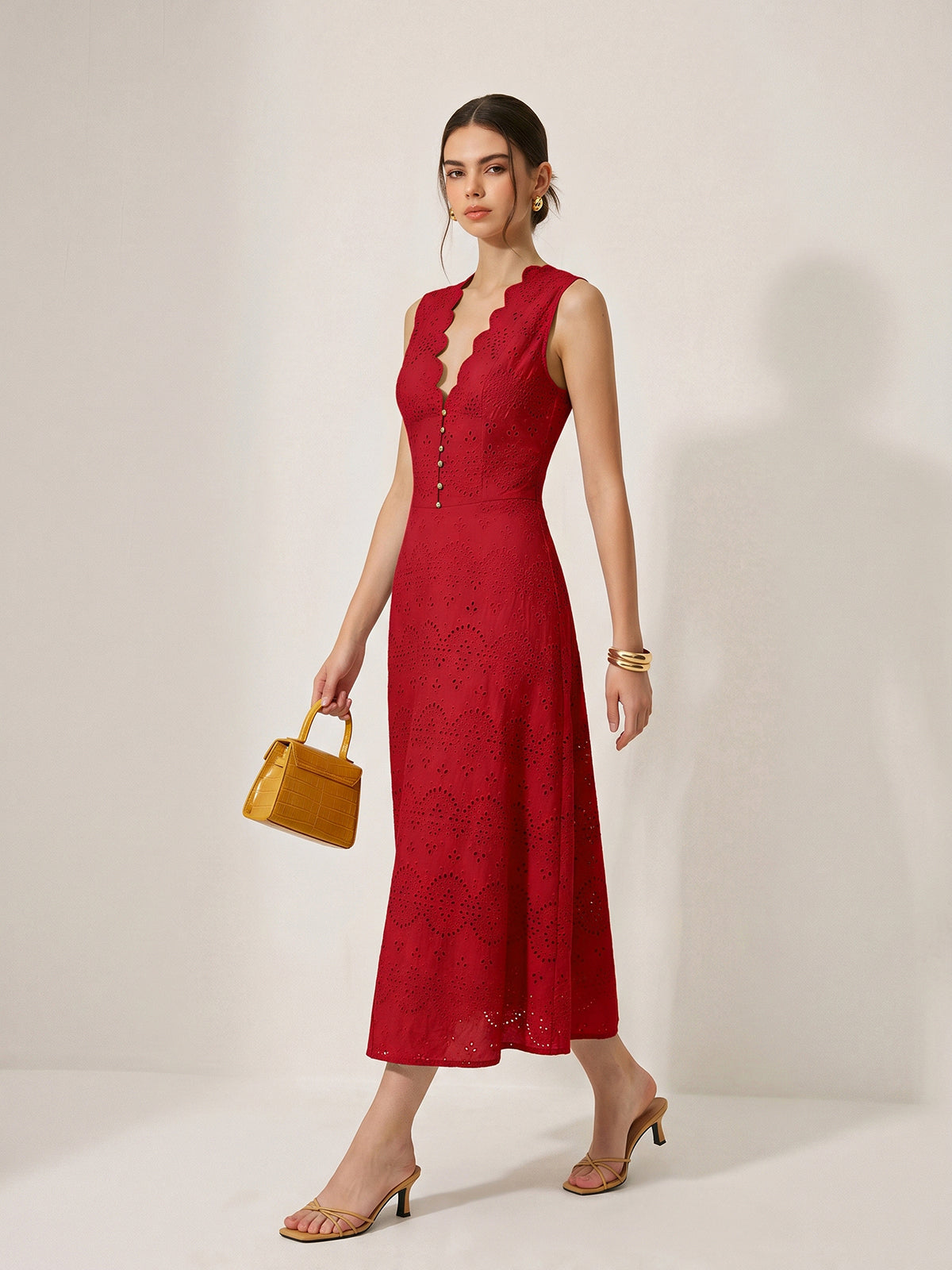 Ruœgy Robe Longue Sans Manches Broderie Anglaise Coton Femme
