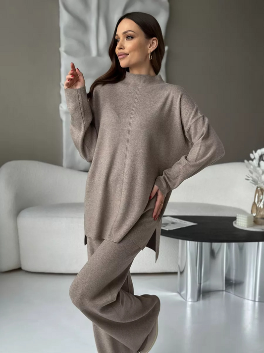 Ensemble Femme Deux Pièces en Maille Unie à Fentes et Coupe Droite