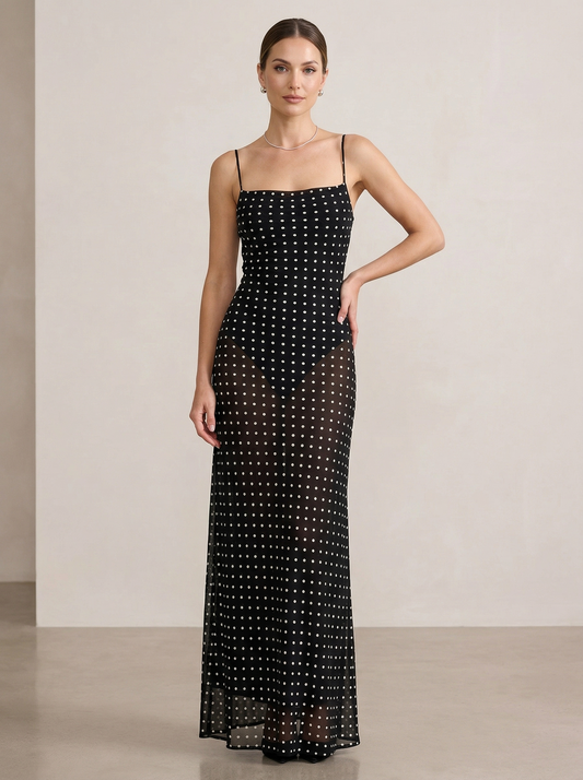 Ruœgy Robe Maxi Transparente Dos Nu à Pois Femme