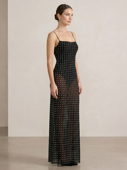 Ruœgy Robe Maxi Transparente Dos Nu à Pois Femme