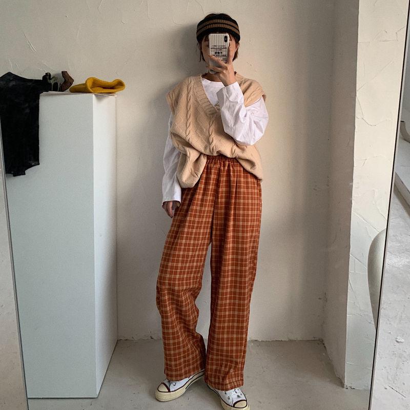 Pantalon à Carreaux Taille Élastique Femme