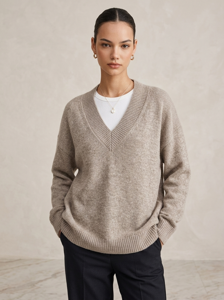 Pull Femme en Mélange de Cachemire à Col V, Coupe Décontractée