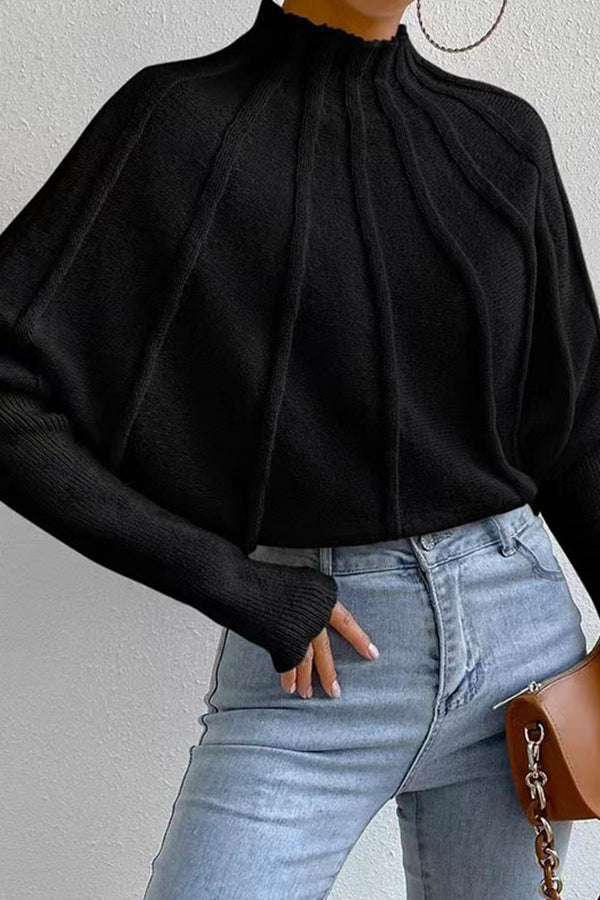 Pull Femme en Maille Géométrique à Coupe Évasée, Col Montant et Manches Raglan