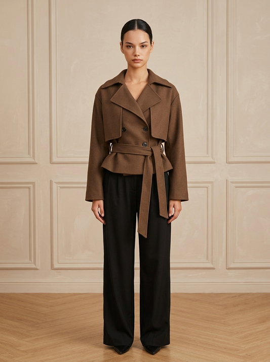 Ruœgy Manteau Tweed Croisé Ceinturé Femme