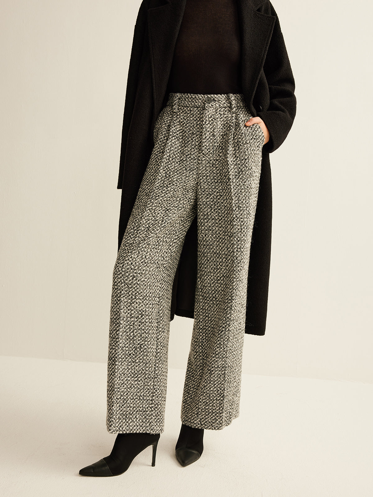 Ruœgy Pantalon Tweed Taille Haute Femme