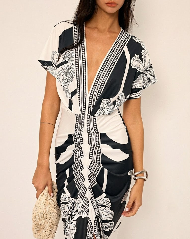 Ruœgy Printed V Neck Midi Dress
