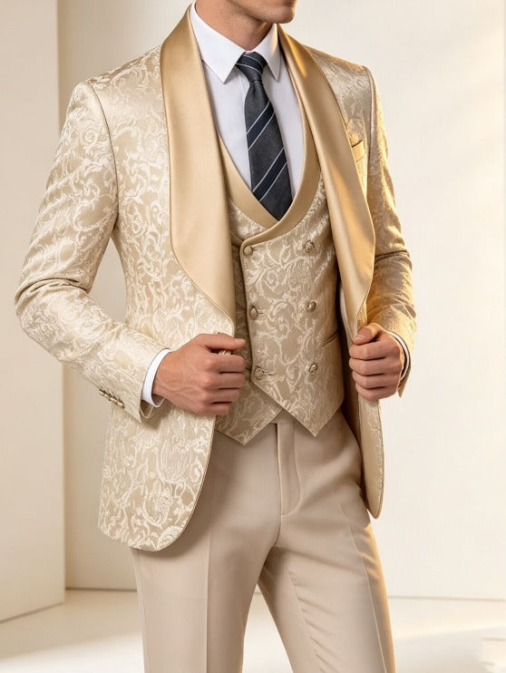 Costume Trois Pièces Doré à Col Châle Homme