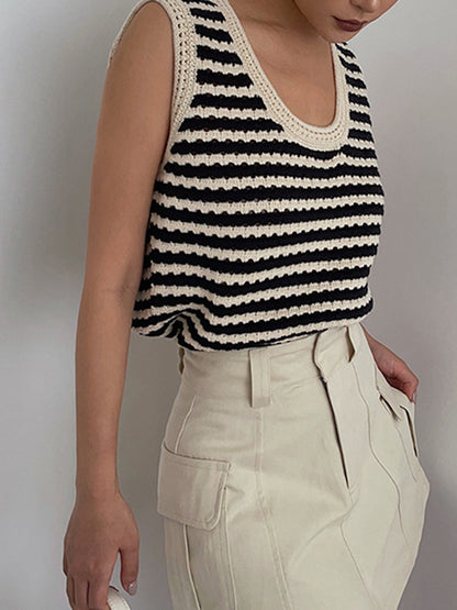 Ruœgy Gilet Crochet Rayé Femme