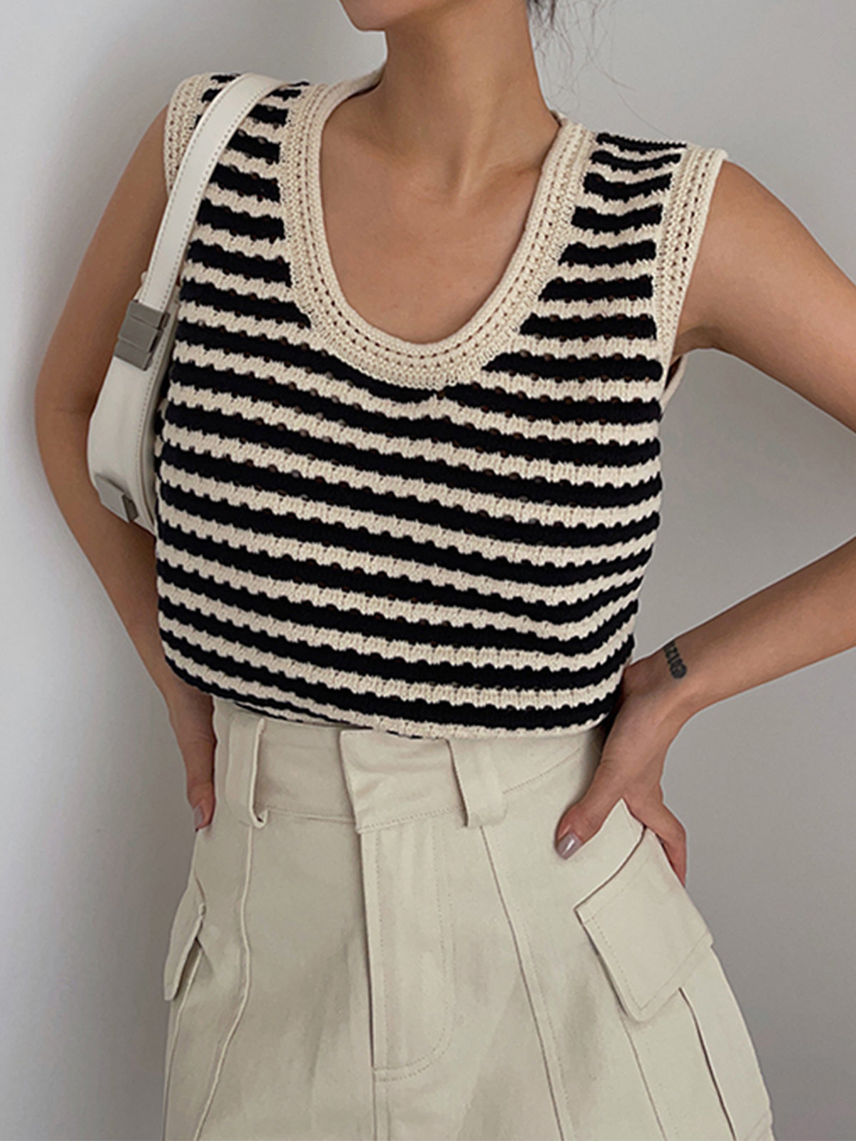 Ruœgy Gilet Crochet Rayé Femme