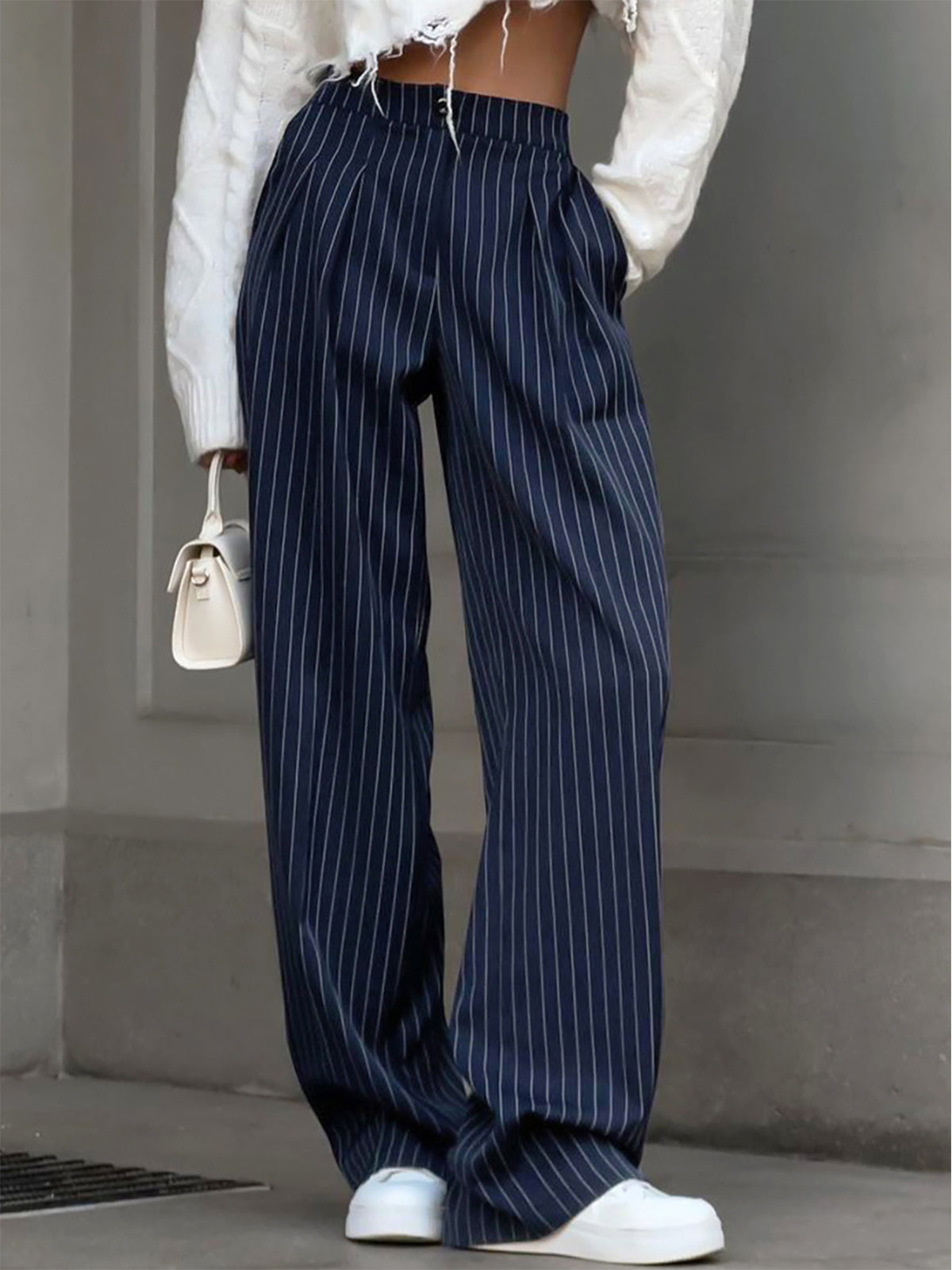 Ruœgy Pantalon Large à Rayures Plissé Femme