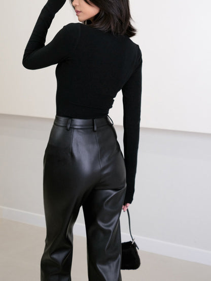 Ruœgy Pantalon Simili Cuir Taille Haute Femme