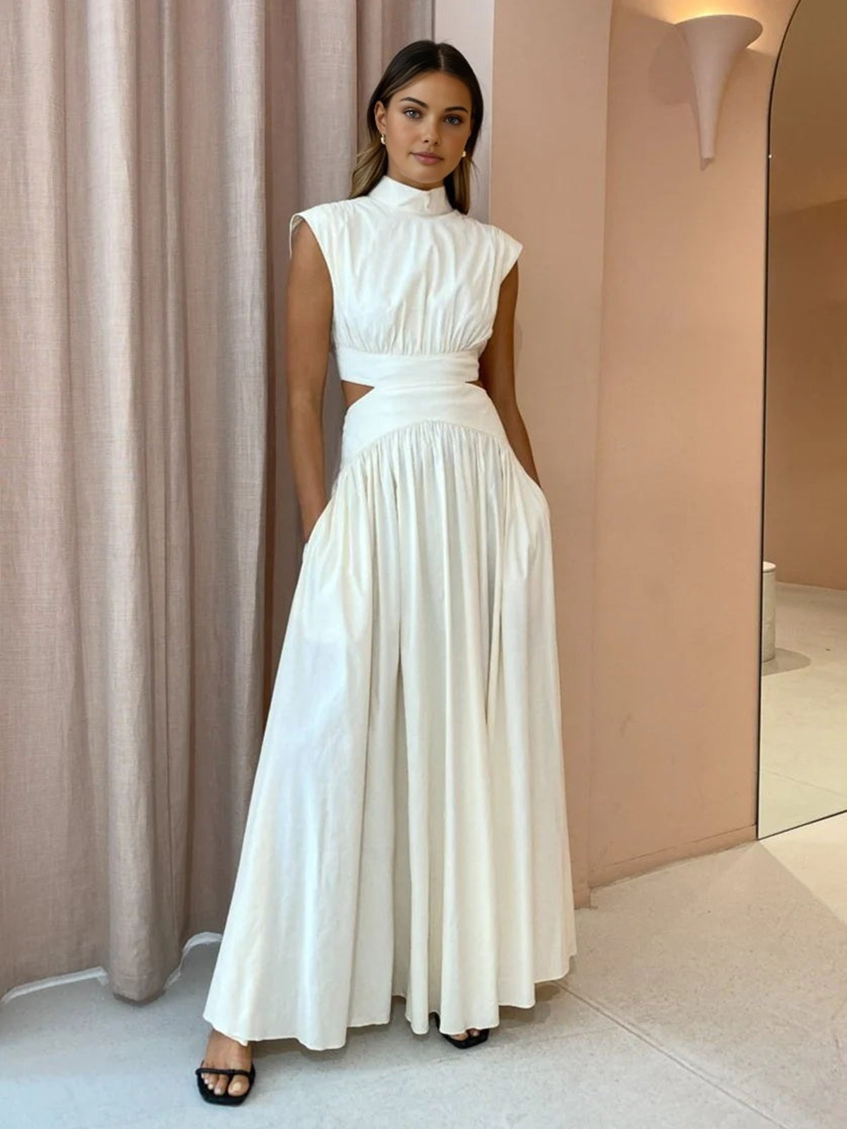 Ruœgy Robe Longue à Découpes Col Montant Femme