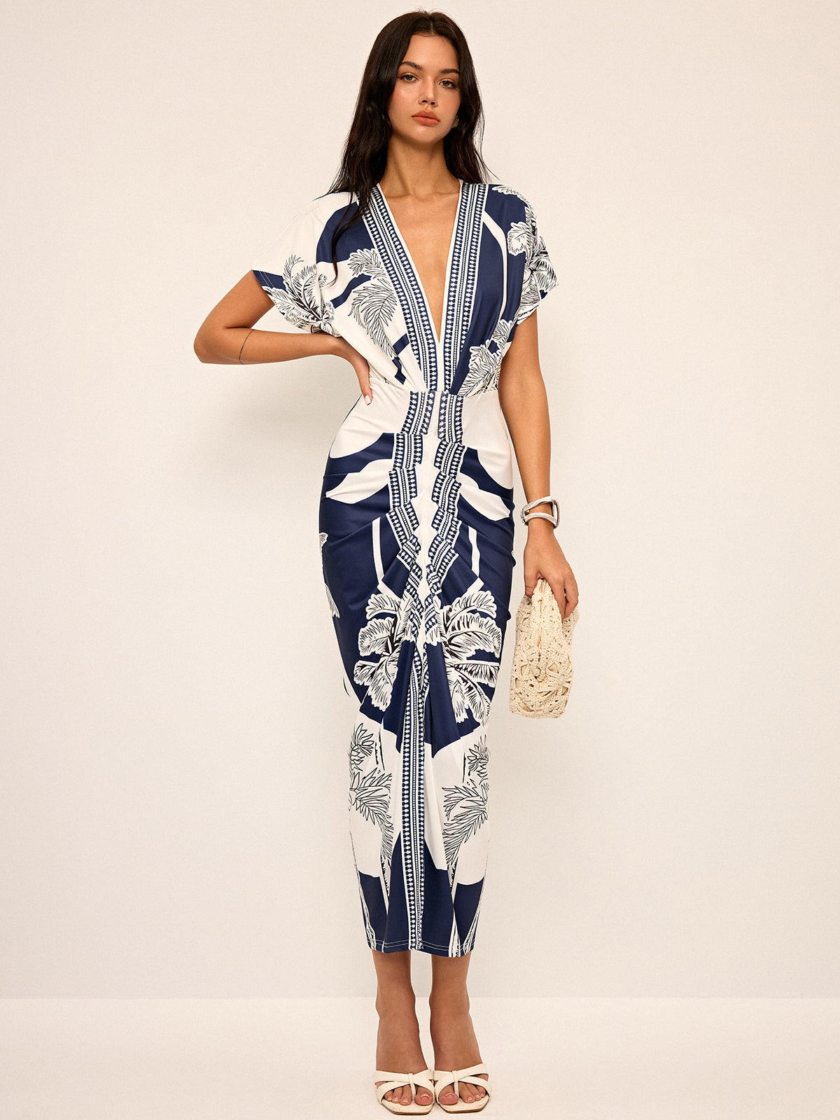 Ruœgy Printed V Neck Midi Dress
