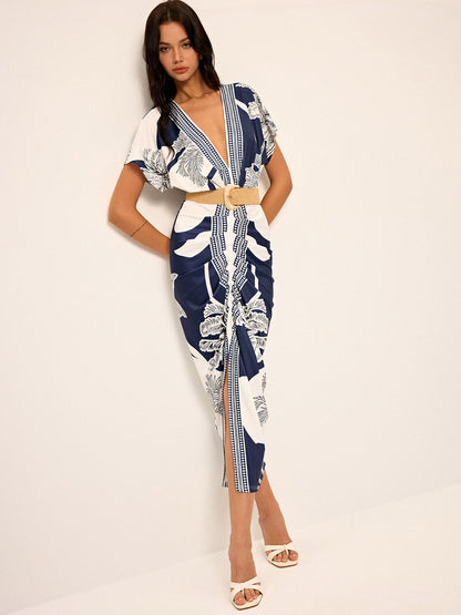 Ruœgy Printed V Neck Midi Dress