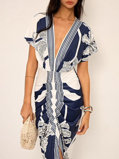 Ruœgy Printed V Neck Midi Dress
