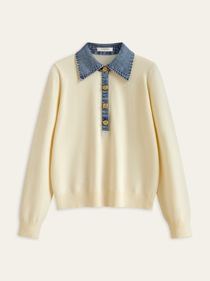 Ruœgy Pull Col Chemise Effet Denim Femme