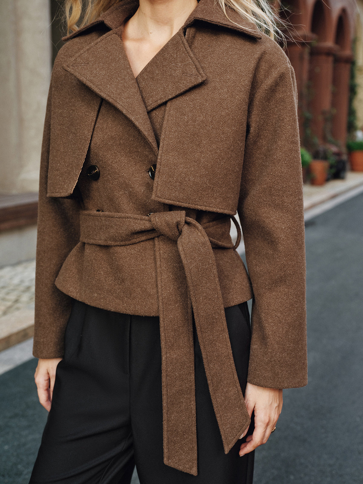 Ruœgy Manteau Tweed Croisé Ceinturé Femme