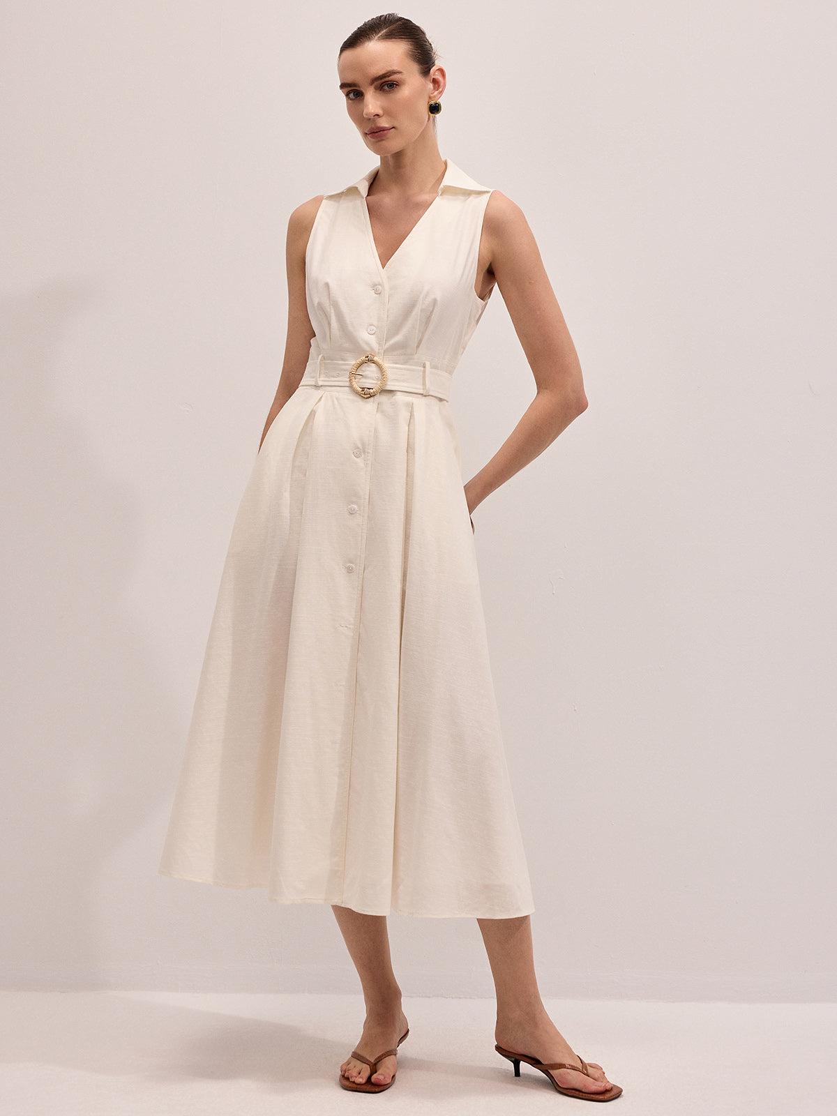 Ruœgy Robe Midi Ceinturée en Lin Sans Manches Femme