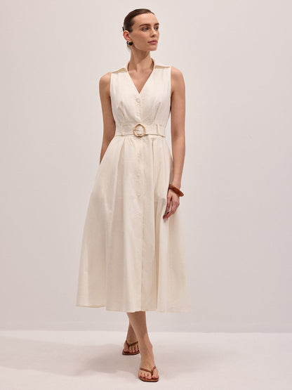 Ruœgy Robe Midi Ceinturée en Lin Sans Manches Femme