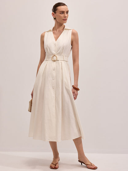Ruœgy Robe Midi Ceinturée en Lin Sans Manches Femme