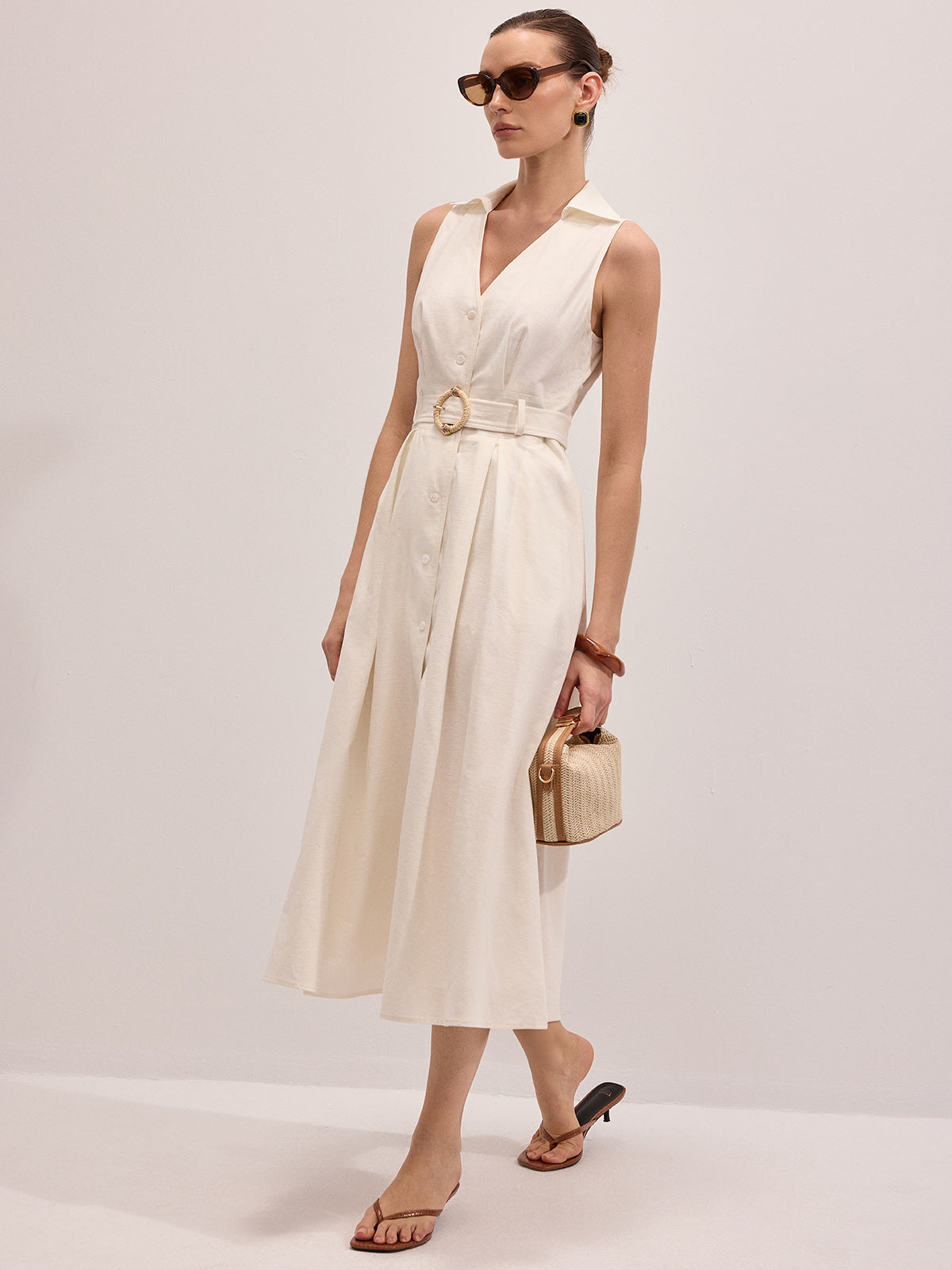 Ruœgy Robe Midi Ceinturée en Lin Sans Manches Femme