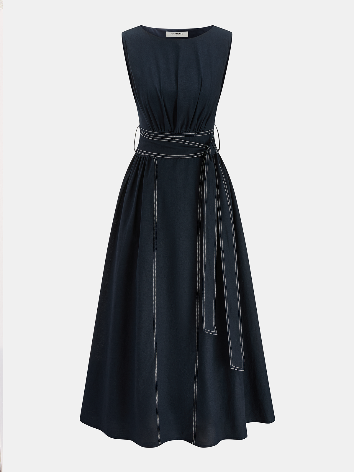 Ruœgy Robe Midi en Lin Ceinturée Sans Maches Femme