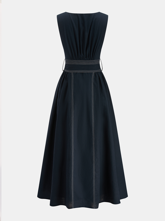 Ruœgy Robe Midi en Lin Ceinturée Sans Maches Femme