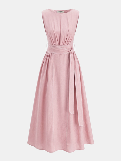 Ruœgy Robe Midi en Lin Ceinturée Sans Maches Femme