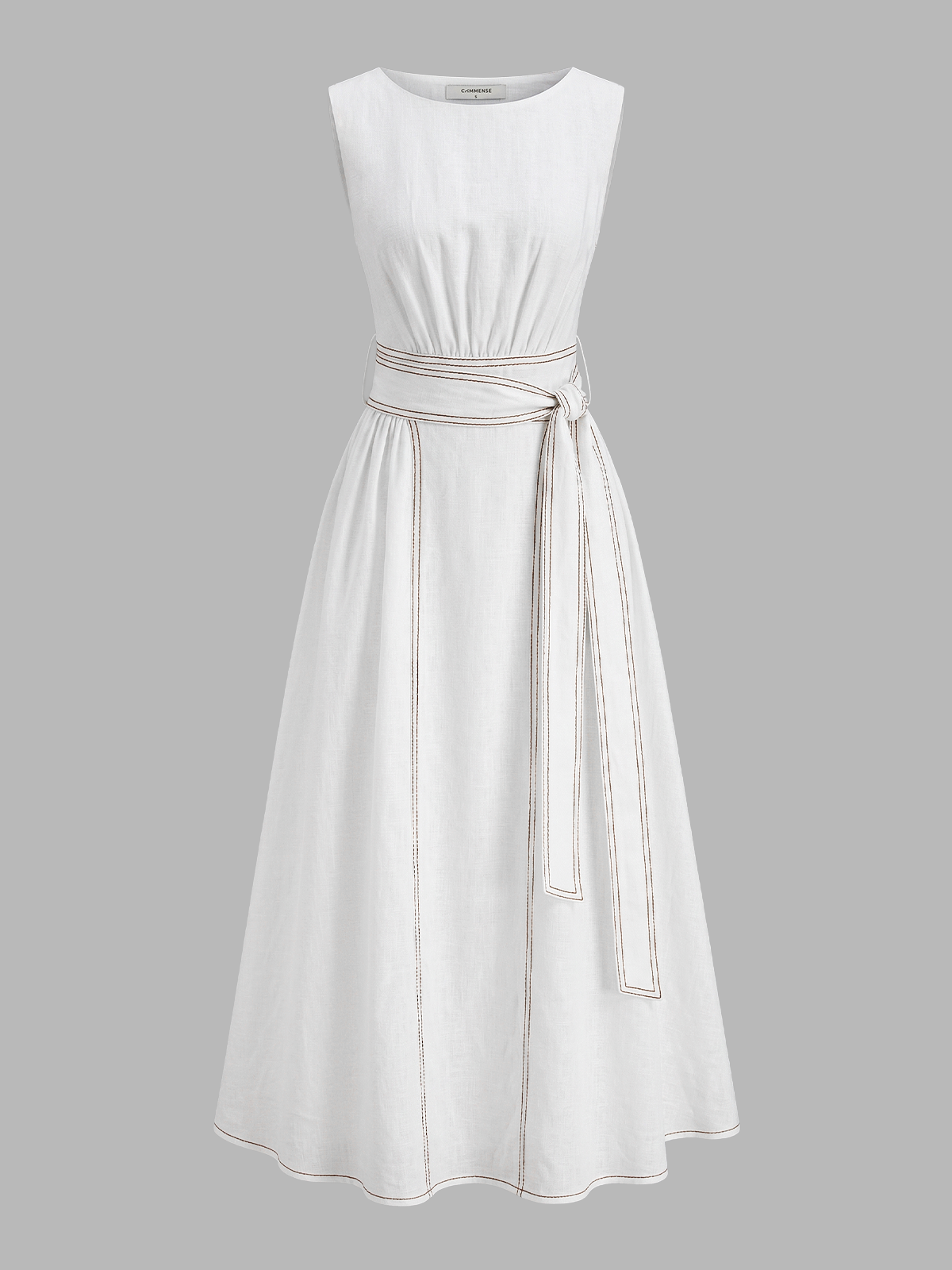 Ruœgy Robe Midi en Lin Ceinturée Sans Maches Femme
