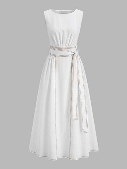 Ruœgy Robe Midi en Lin Ceinturée Sans Maches Femme
