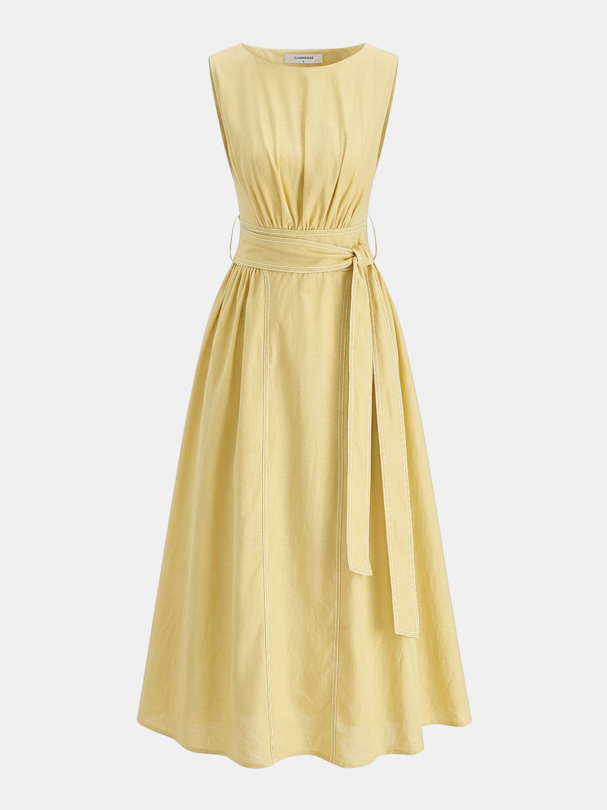 Ruœgy Robe Midi en Lin Ceinturée Sans Maches Femme