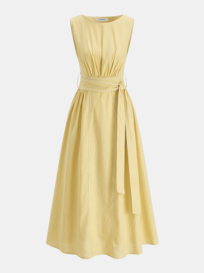 Ruœgy Robe Midi en Lin Ceinturée Sans Maches Femme