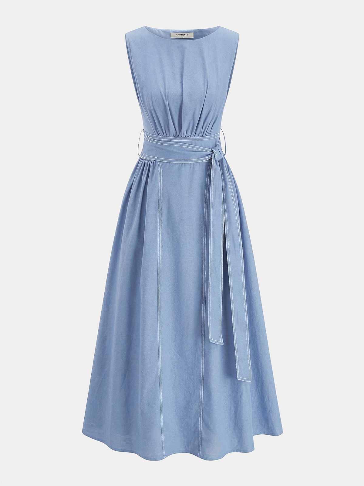 Ruœgy Robe Midi en Lin Ceinturée Sans Maches Femme