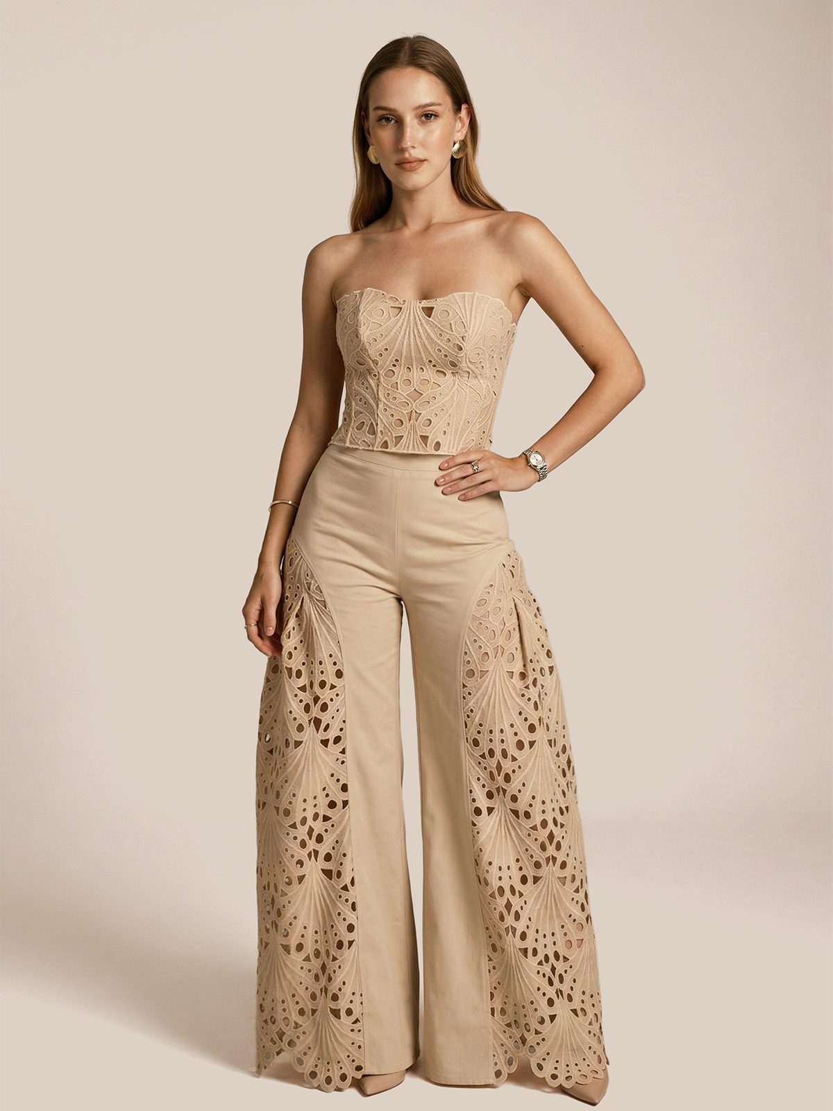 Ruœgy Ensemble Pantalon Bustier Broderie Femme