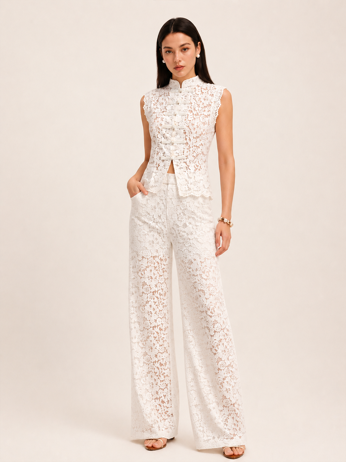 Ruœgy Ensemble Top Pantalon Dentelle Sans Manches Femme