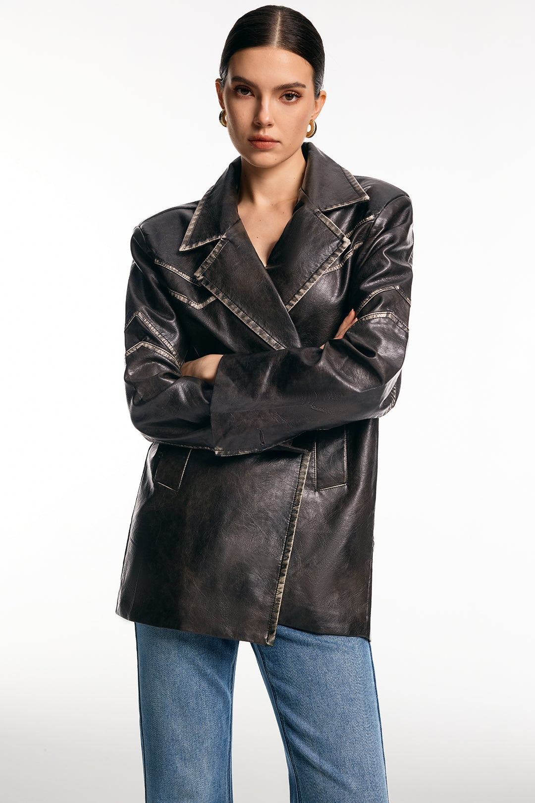 Blazer Femme Oversize en Simili Cuir Effet Vieilli
