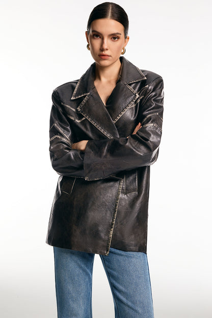 Blazer Femme Oversize en Simili Cuir Effet Vieilli