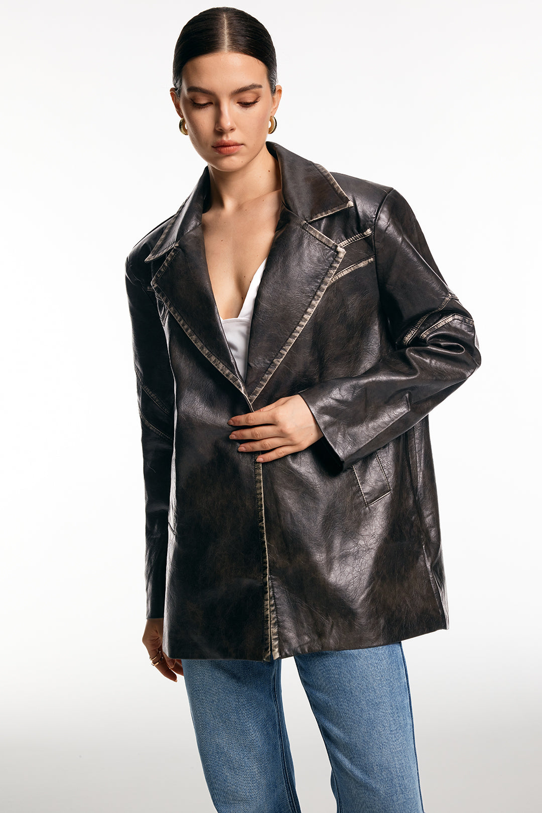 Blazer Femme Oversize en Simili Cuir Effet Vieilli