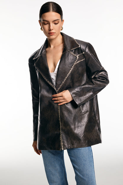 Blazer Femme Oversize en Simili Cuir Effet Vieilli