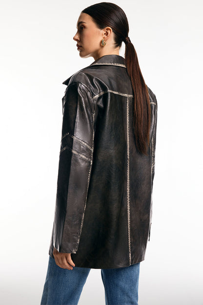 Blazer Femme Oversize en Simili Cuir Effet Vieilli