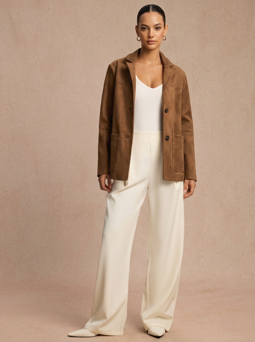 Blazer Femme Effet Suédine à Revers Crantés et Coupe Droite