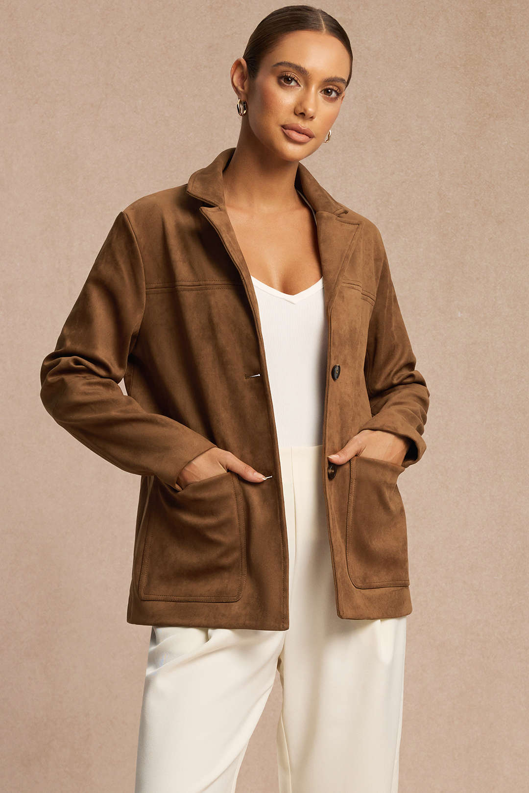 Blazer Femme Effet Suédine à Revers Crantés et Coupe Droite