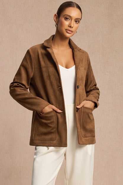 Blazer Femme Effet Suédine à Revers Crantés et Coupe Droite