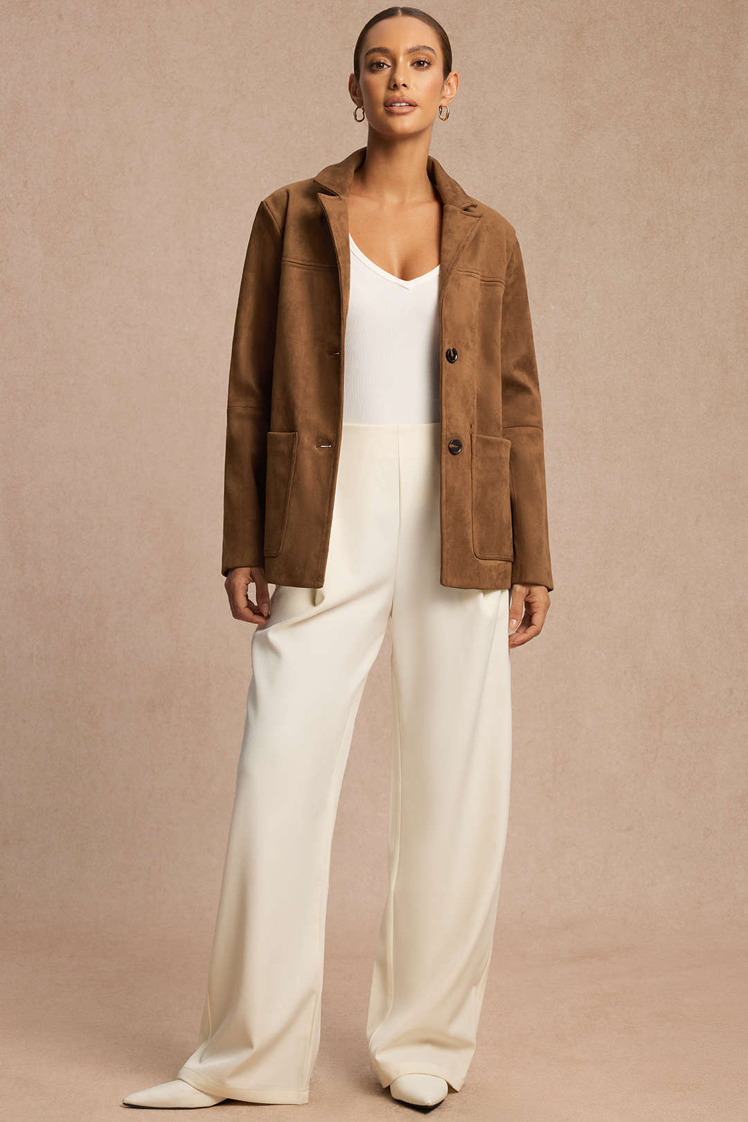 Blazer Femme Effet Suédine à Revers Crantés et Coupe Droite