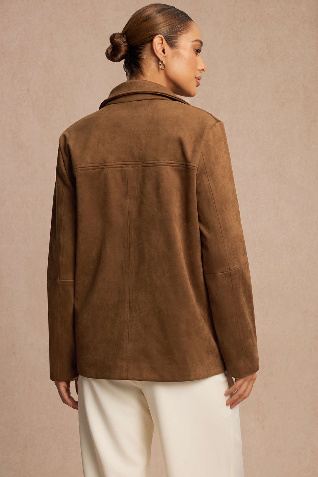 Blazer Femme Effet Suédine à Revers Crantés et Coupe Droite